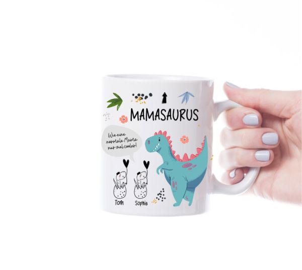 Mamasaurus Kaffeetasse personalisiert mit Kindernamen. Geschenk zum Muttertag