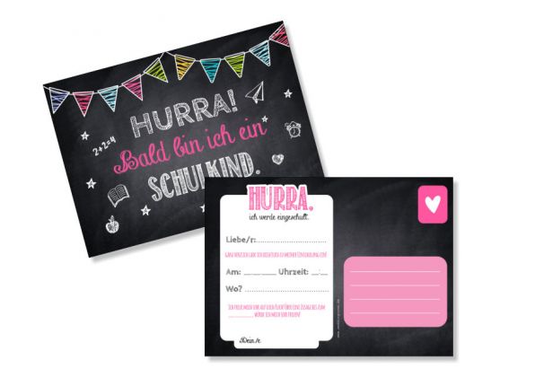 Einladungskarte zur Einschulung Hurra ich bin ein Schulkind Tafeloptik Pink