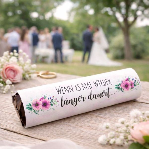 Banderolen Hochzeit „Wenn es mal wieder länger dauert“ – Blumen weiß | Gastgeschenk