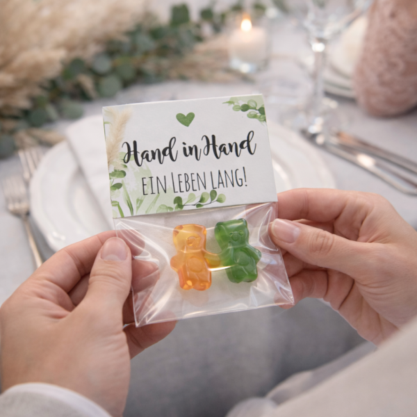 Eukalyptus Gastgeschenk Hochzeit „Hand in Hand“ – Bärchenpärchen Candybar Tütchen