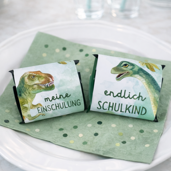 Deko für die Einschulungsparty Schokobanderolen Schulstart Dinosaurier