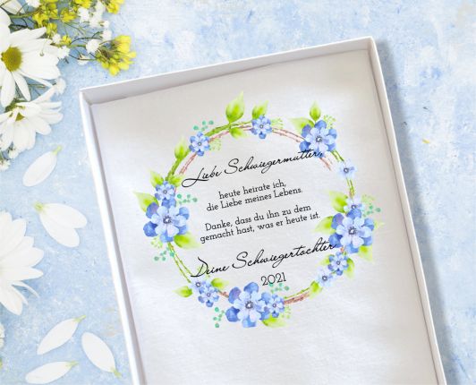 Hochzeit Taschentuch für Freudentränen "Schwiegermutter" Stofftaschentuch Blaue Blumen