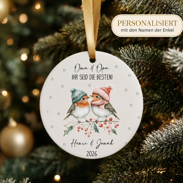 Personalisierter Christbaumschmuck für Oma & Opa mit Enkelnamen – Rotkehlchen