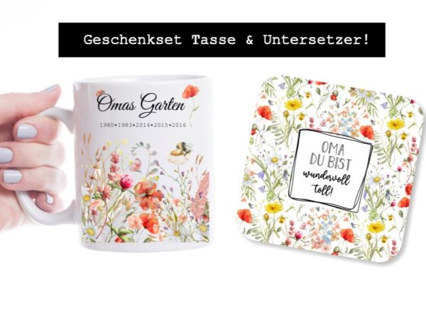 Omas Garten Kaffeetasse personalisiert mit Namen und Geburtsjahrgängen - Geschenk Muttertag